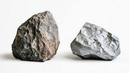 Two rocks, grey and brown, on white background, geology samples, nature study