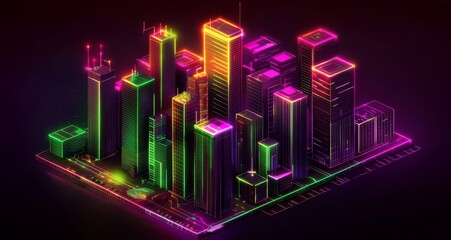 Isometric Neon Digital City Model at Night 