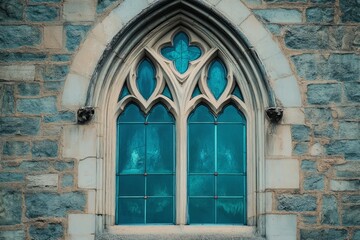 Sunlight streaming through turquoise stained glass window of a gothic church, creating a peaceful atmosphere