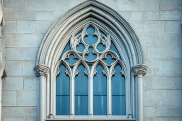 Ornate stone tracery surrounds the blue glass of a pointed gothic style window
