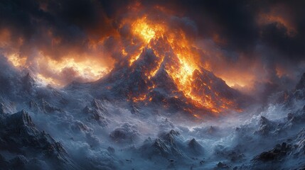 Fototapeta premium Volcano eruption casting fiery light and dark smoke over the mountainous terrain. Generative AI