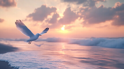 Fototapeta premium Majestic Seagull Soars Above a Peaceful Sunrise Beach