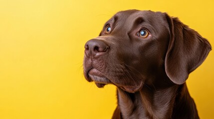a chocolate Labrador Retriever looking upwards, against a bright yellow background
