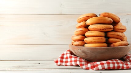 Stacked donuts in wooden bowl on checkered tablecloth against white wood background