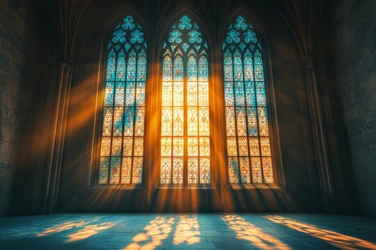 Sunbeams shining through stained glass windows inside empty gothic cathedral