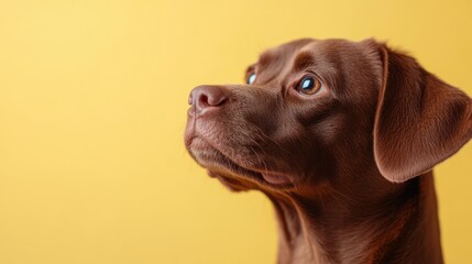 chocolate Labrador Retriever looking up against a bright yellow background