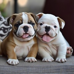 Fototapeta premium Adorable French and English Bulldog Puppies on a White Background