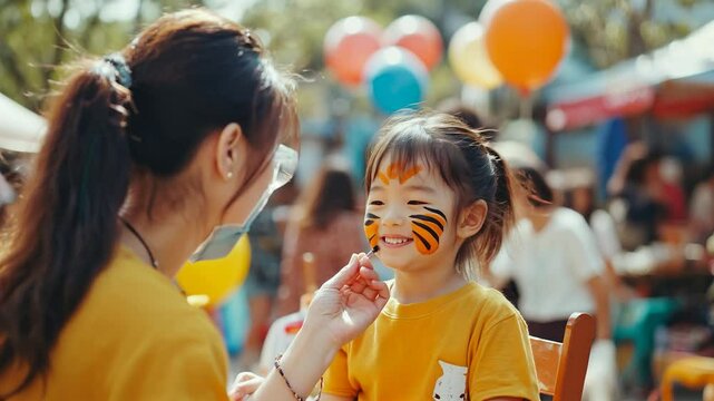 A young girl smiling while having her face painted at a community event, enjoying the festive atmosphere with bright decorations and people in the background. Video made using Generative AI.