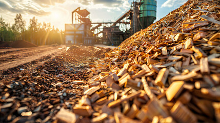 High-tech biomass energy facility utilizing AI-driven efficiency systems, revolutionizing renewable energy production for a cleaner and greener future. 