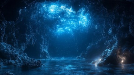Blue Underwater Cave with Stalactites and Peaceful Atmosphere. Generative AI