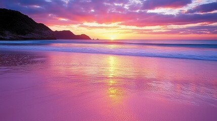 Fototapeta premium Pink sand beach sunrise, ocean waves, coastal hills, tranquil scene, travel postcard