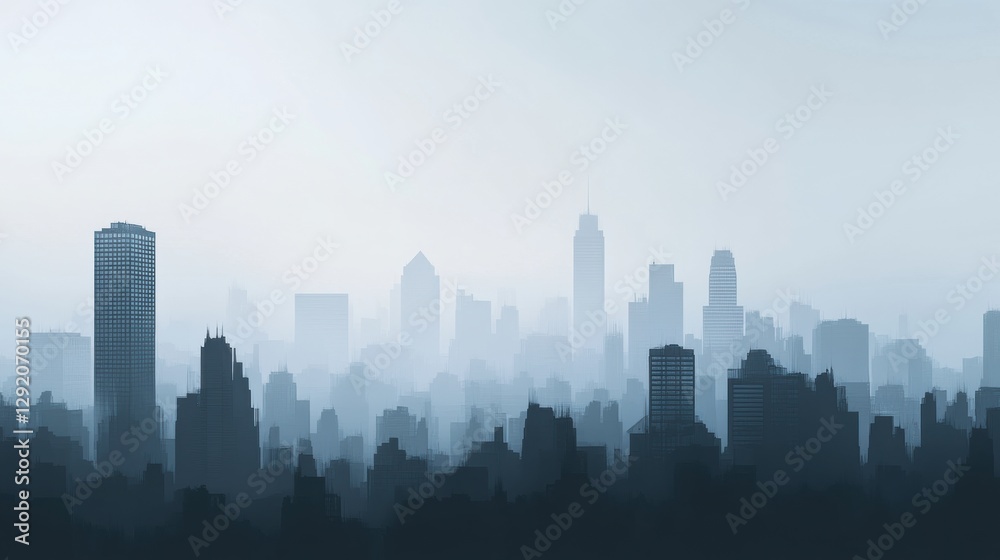 Aufkleber city skyline immersed in dense gray smog creating an ethereal atmosphere with buildings fading into 