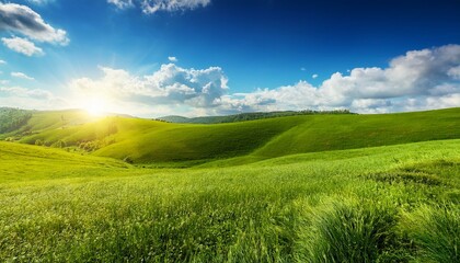 vibrant landscape with rolling hills green grass bright sun and fluffy clouds under a clear blue sky