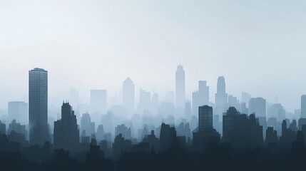 Fototapeta premium City skyline immersed in dense gray smog creating an ethereal atmosphere with buildings fading into the haze. Generative AI