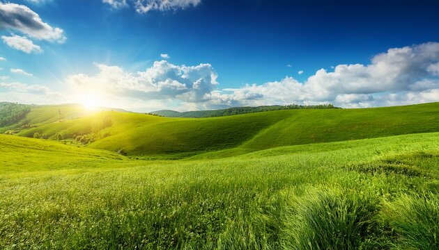 vibrant landscape with rolling hills green grass bright sun and fluffy clouds under a clear blue sky