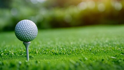 Close up of golf ball on tee ready for swing against lush green grass background during sunny day, Close up golf ball on tee with a green grass background