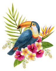 Toucan sits on branch in tropical flowers and lush greenery. Watercolor painting tropics composition consisting of  hibiscus, plumeria and green palm leaves.