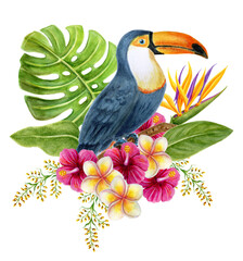 Toucan sits on branch in tropical flowers and lush greenery. Watercolor painting tropics composition consisting of  hibiscus, plumeria and green palm leaves.