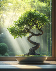 Photograph of a bonsai tree with a thick, gnarled trunk and delicate foliage, sitting in a ceramic pot on a windowsill.