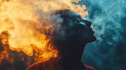 Woman's face obscured by vibrant orange and blue smoke.
