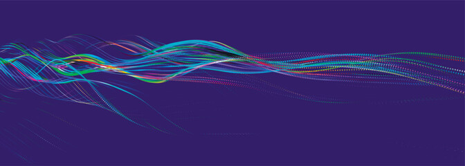 Multicolored wave of glowing dots. Futuristic dot wave of bright particles, on dark background. Interweaving effect. Futuristic background for presentation design. Wide format vector illustration.