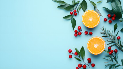 A light blue background with oranges and green leaves
