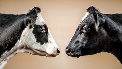 two black and white cow heads facing each other on a beige background