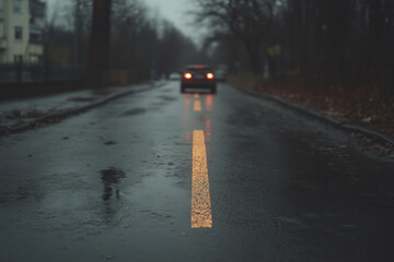 A car is driving down a wet road with a yellow line