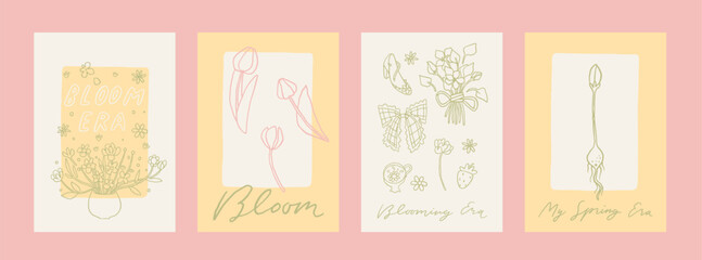 Cute spring hand drawn whimsy card set. Floral 8 march, happy woman's day greeting postcard. Feminine aesthetic poster collection in whimsical line art style. A4 vertical printable, vector background