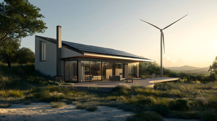 Obraz premium Modern sustainable house with solar panels and wind turbine surrounded by natural landscape during sunset