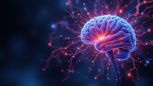 Illustration of a human brain with an exploding neuron, symbolizing artificial general intelligence or AI advancements.