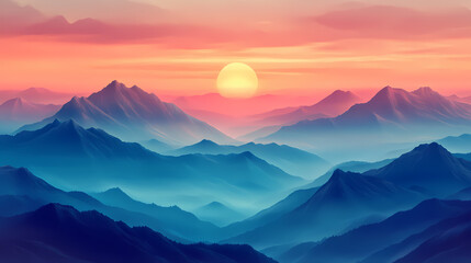 Vibrant sunset over soft mountains with smooth pastel hues, dreamscape. Soft Pastel Dreamscape. Illustration