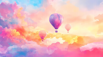 Obraz premium Vibrant watercolor dreamscape of floating hot air balloons against sunset sky soft pastel clouds whimsical perspective ethereal atmosphere. Soft Pastel Dreamscape. Illustration