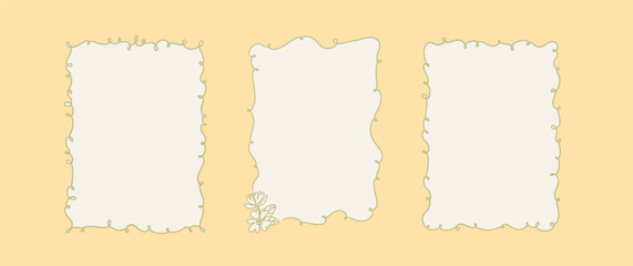 Collection of decorative whimsical frames in spring coquette style on a light yellow background. A4 card size. Vector hand drawn graphic set, isolated
