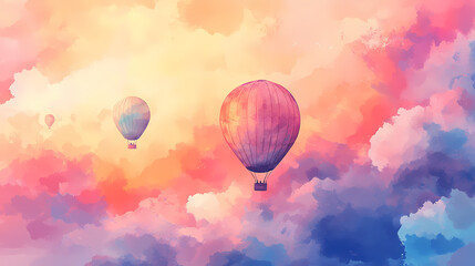 Obraz premium Vibrant watercolor dreamscape of floating hot air balloons against sunset sky soft pastel clouds whimsical perspective ethereal atmosphere. Soft Pastel Dreamscape. Illustration