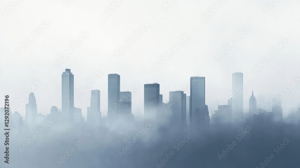 Poster city skyline obscured by heavy smog with silhouettes fading into gray haze on an overcast day. gener