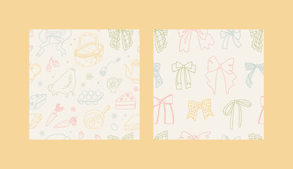 Spring floral line art seamless pattern collection with cute farm, cottage core elements and ribbon bows. Cute wrapping paper in cottagecore whimsical style, vector background set, pastel colors