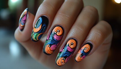 Close-up shot of nails with vibrant, swirling nail art. Perfect for beauty blogs, nail art tutorials, or showcasing manicure designs.