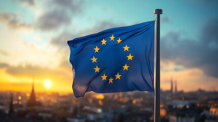 The EU flag waves elegantly in the breeze, its colors vibrant against the backdrop of a stunning sunset sky in the city