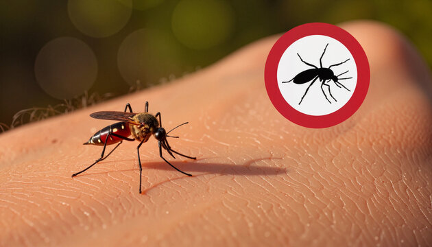 Mosquito biting skin on human hand