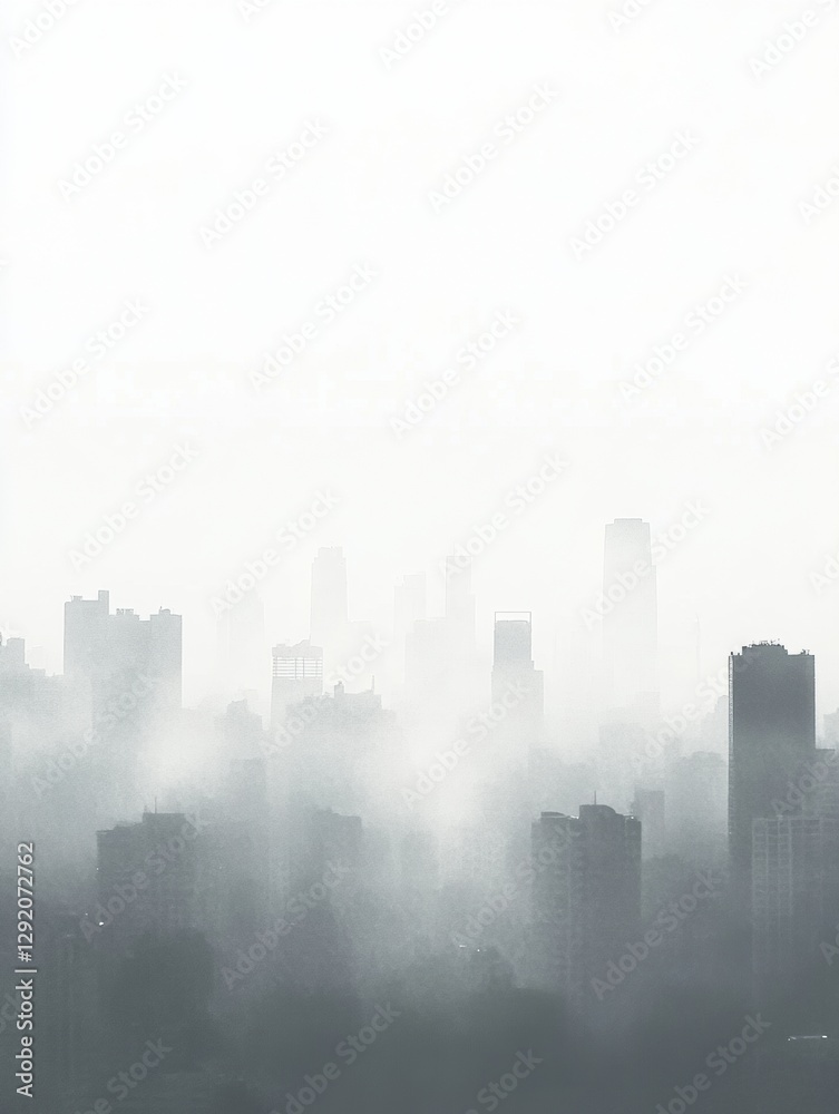 Poster cityscape enveloped in gray smog with distant silhouettes of buildings and haze in the sky. generati