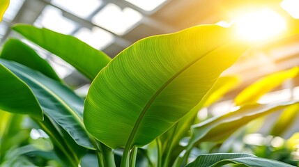 Obraz premium Sunlit plant leaf growing indoors, sunlight beaming through a greenhouse, perfect for nature content