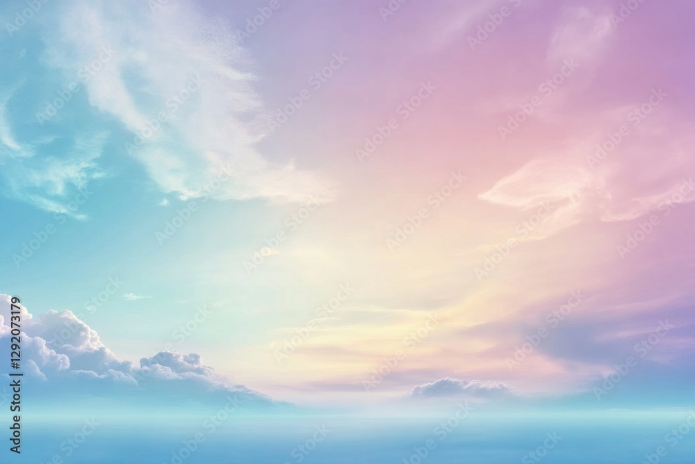 Poster soft pastel sky with clouds over a tranquil ocean at sunset. generative ai