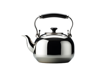 Obraz premium A sleek stainless steel kettle with a black handle, isolated on a transparent background, perfect for kitchen or home decor visuals.
