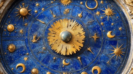 Fototapeta premium Zodiac wheel on blue background with moon and sun, astrology banner with 12 zodiac signs. Mystical horoscope vector pattern, magical esoteric universe illustration, esoteric hand drawing