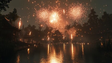 Naklejka premium Reflection of Fireworks on Lake Surrounded by Houses