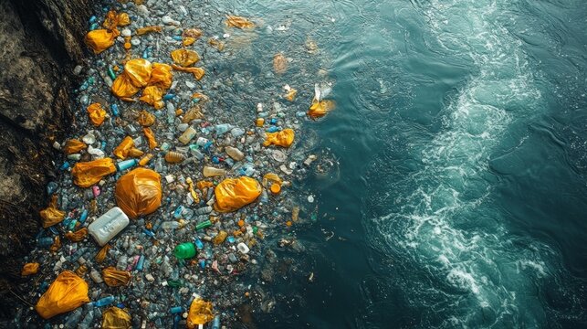 Polluted river with trash and plastic bags scattered on the water's surface. Generative AI