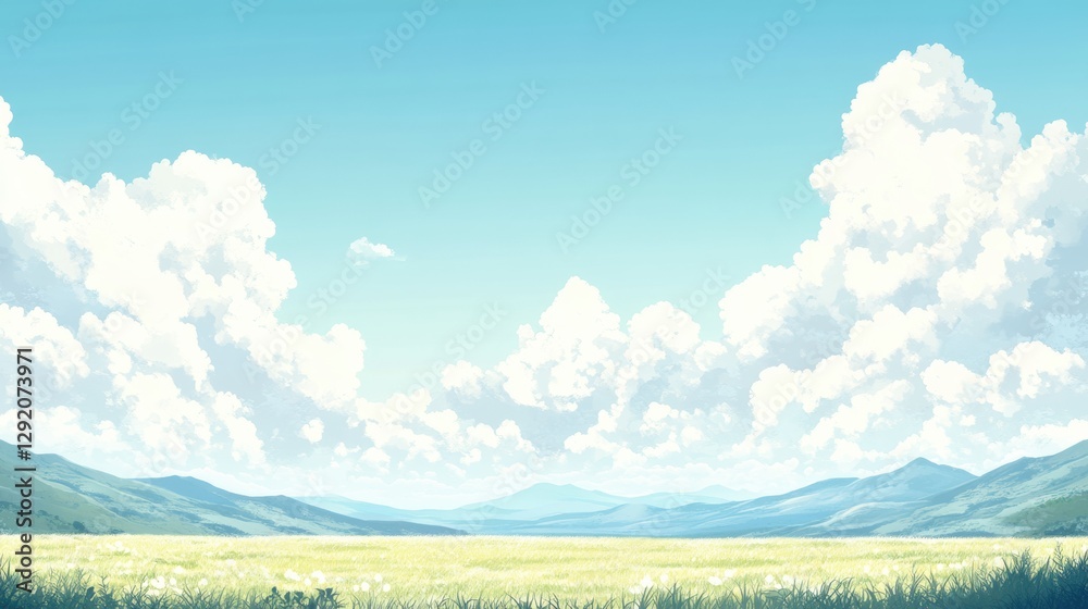 Poster Vast landscape with rolling hills and fluffy clouds under a clear blue sky during the daytime. Generative AI