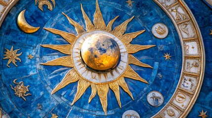 Fototapeta premium Zodiac wheel on blue background with moon and sun, astrology banner with 12 zodiac signs. Mystical horoscope vector pattern, magical esoteric universe illustration, esoteric hand drawing