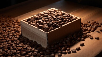 A photo of an empty wooden box with coffee bean residue.